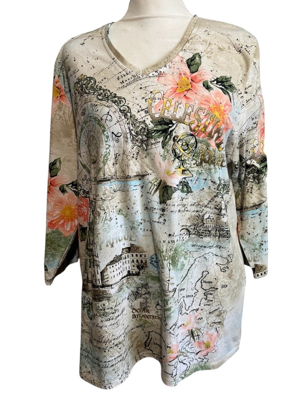 Alia Cream Floral Map-Print V-Neck Top size L/G - Picture 2 of 6